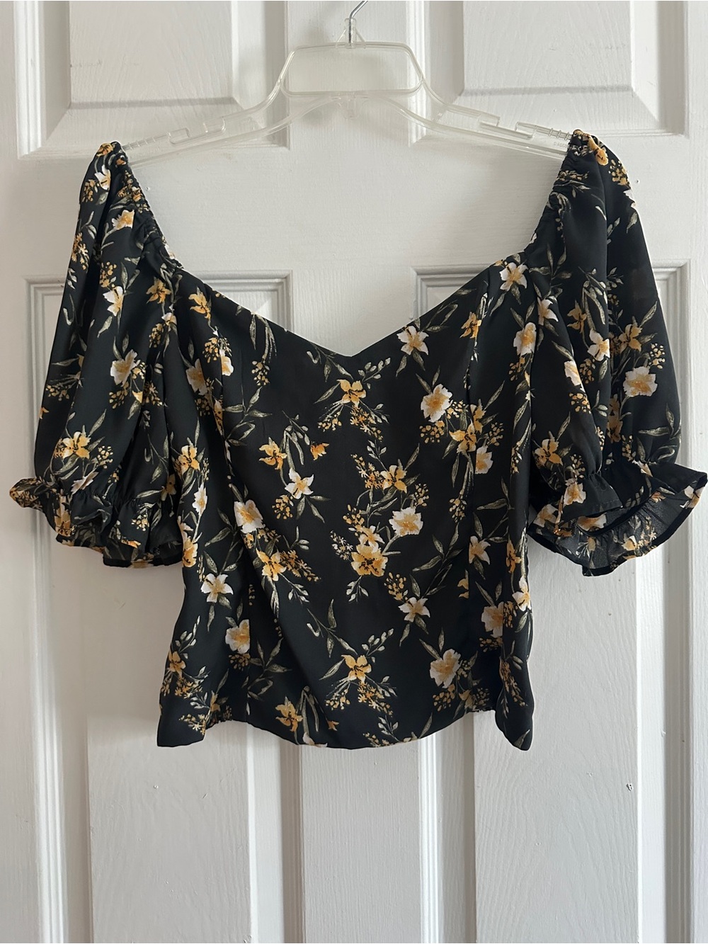 Abercrombie & Fitch Black Floral Puff Sleeve Top with Yellow Accents